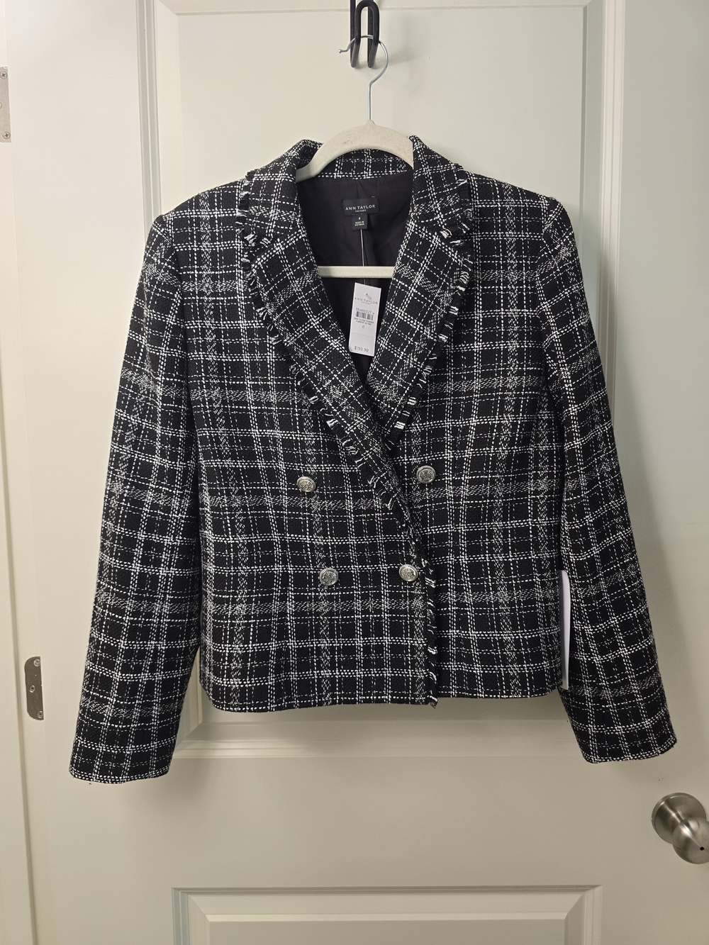 Ann Taylor Black and White Plaid Double-Breasted Tweed Blazer